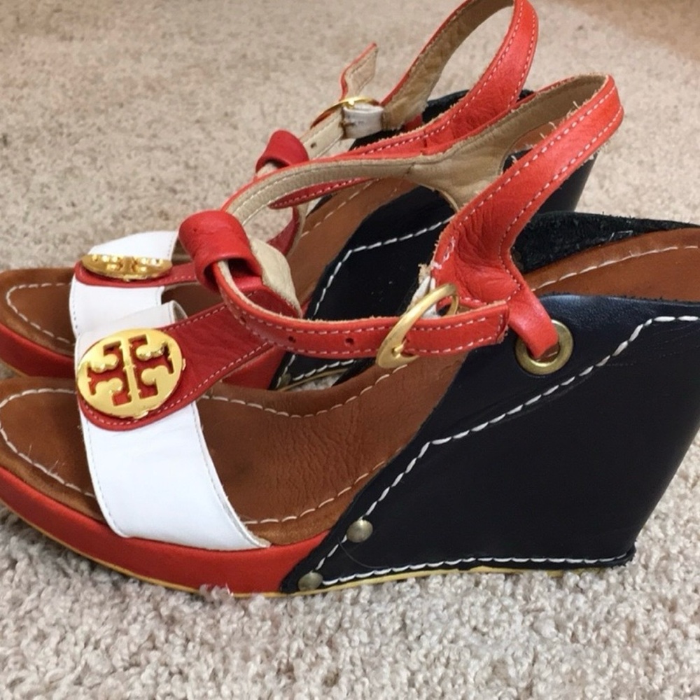Tory Charm  Red , White &blue Wedge leather Sandals